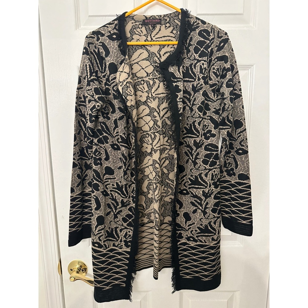 Gottardi Collection Italy Merino Wool Blend Floral Fringed Cardigan Sweater L